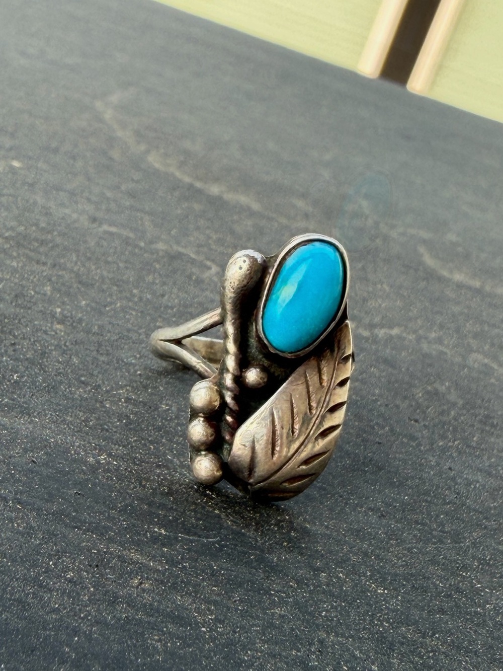 Vintage Turquoise Leaf Ring - Blue and Silver